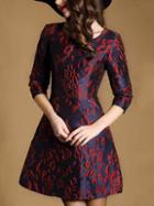 Romwe Navy Round Neck Length Sleeve Jacquard Pockets Dress