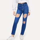 Romwe Contrast Stitch Ripped Jeans