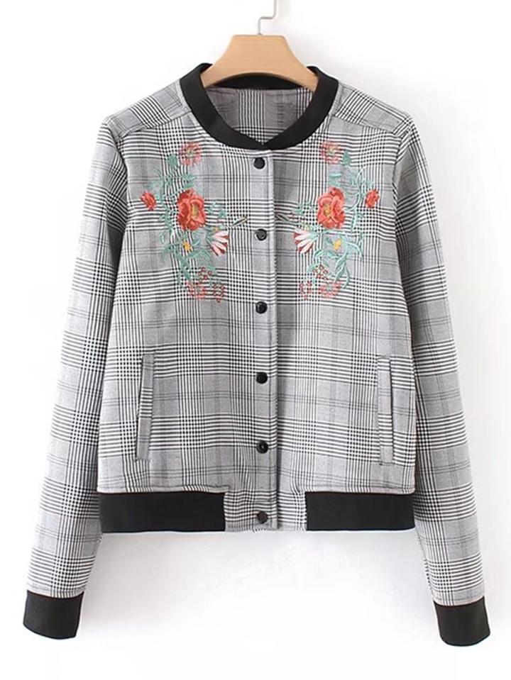 Romwe Embroidered Flower Glen Plaid Jacket