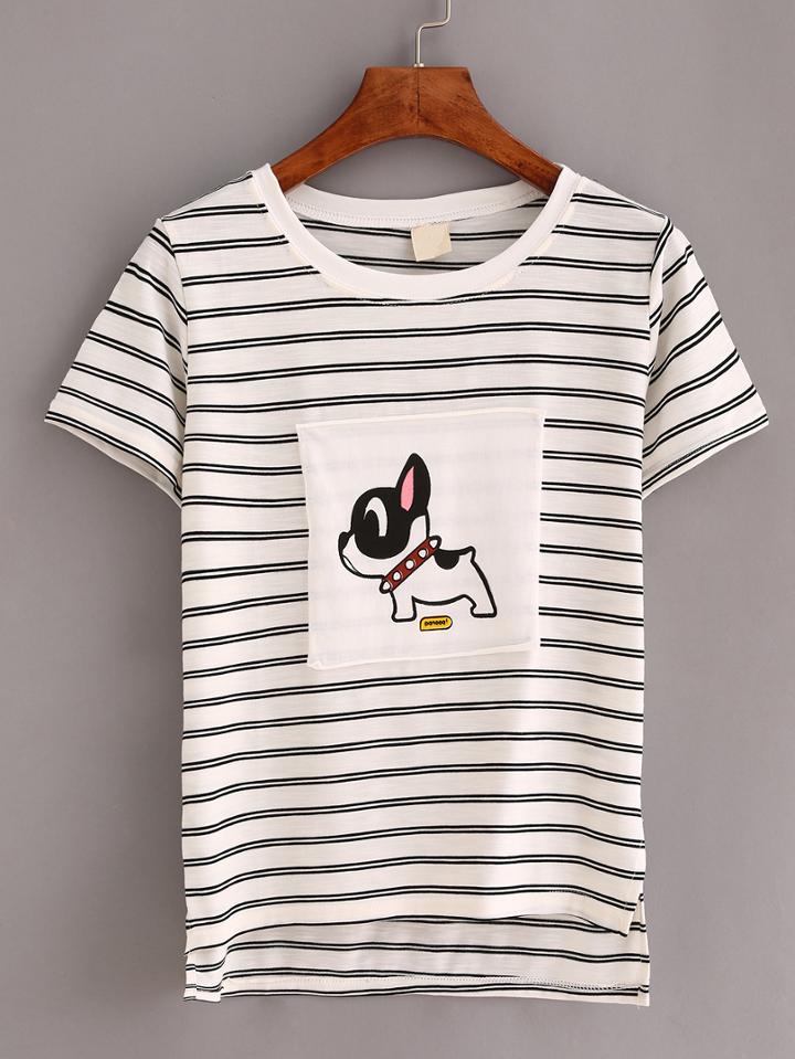 Romwe Dog Print Striped T-shirt - White