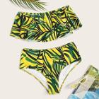 Romwe Tropical Flounce Bardot Top With High Waist Bikini Set