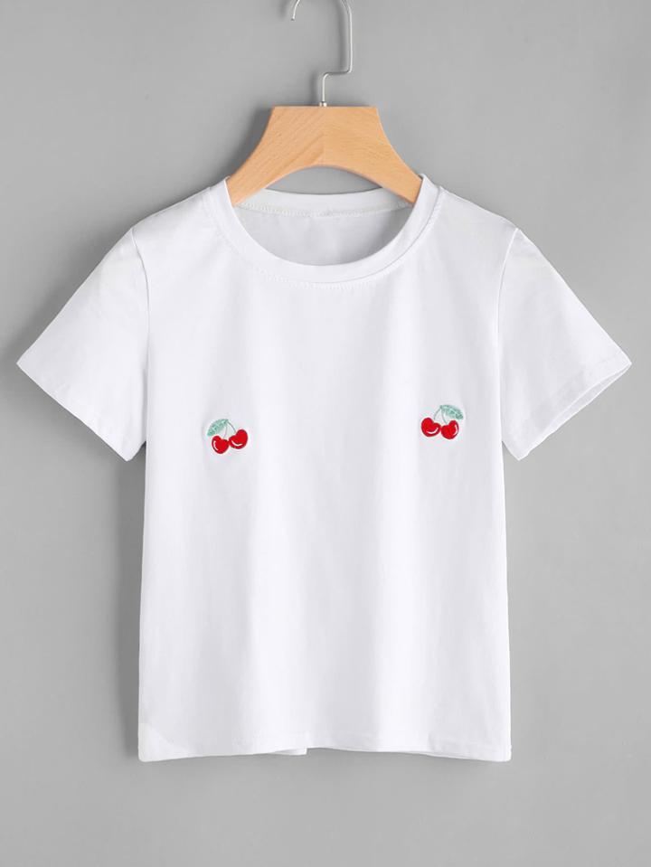 Romwe Cherry Embroidered Tee