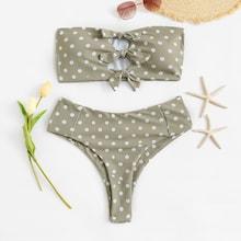 Romwe Polka Dot Knot Front Bikini Set