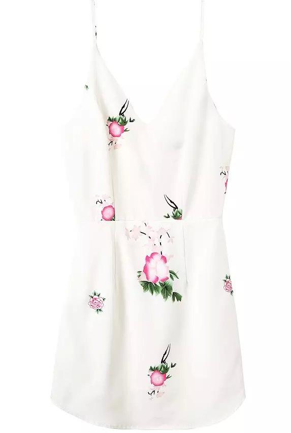 Romwe Spaghetti Strap With Zipper Flower Print White Dress