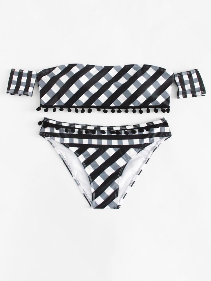 Romwe Off The Shoulder Plaid Bikini Set