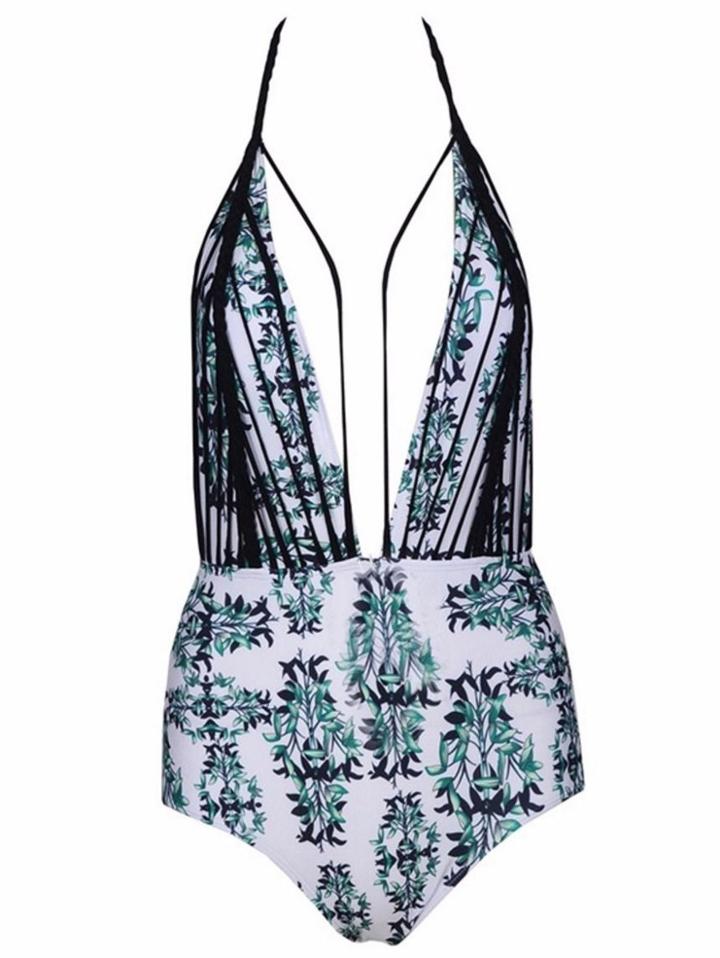 Romwe Green Plunge Halter Neck Backless Strappy One Piece Swimwear