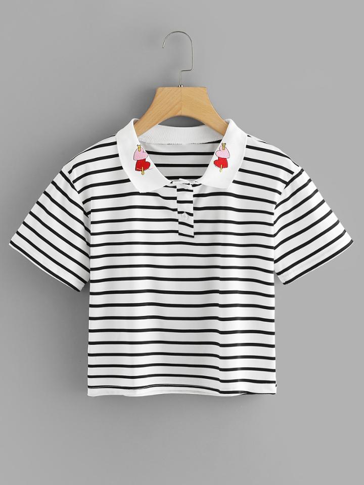Romwe Black White Striped Heart Embroidered T-shirt