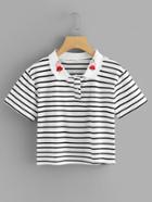 Romwe Black White Striped Heart Embroidered T-shirt