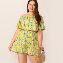 Romwe Plus Off Shoulder Banana Print Crop Top & Shorts Set
