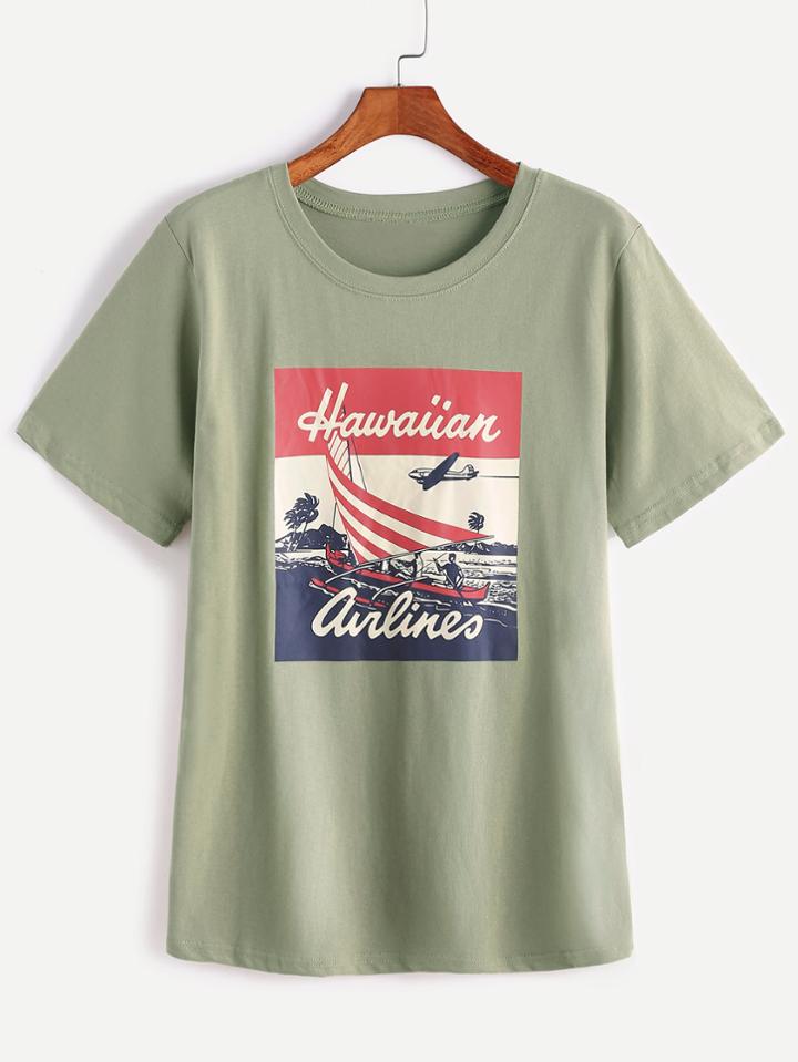 Romwe Light Green Pattern Print T-shirt