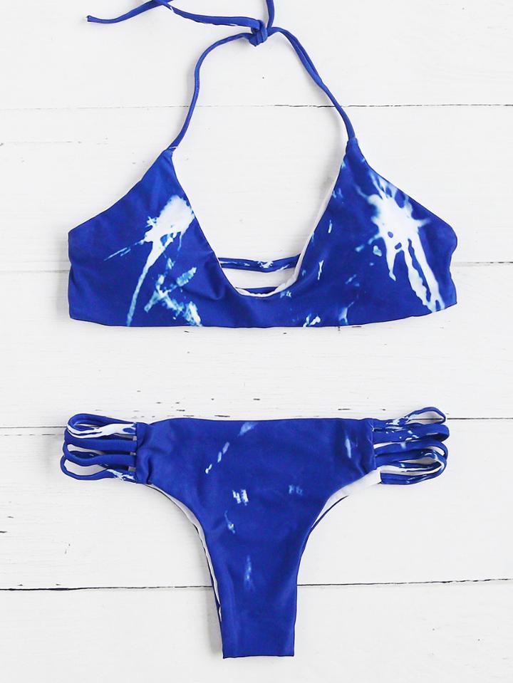 Romwe Blue Print Detail Ladder Cutout Sexy Bikini Set