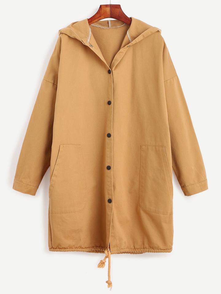 Romwe Khaki Drop Shoulder Bulldog Print Drawstring Hooded Coat