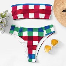 Romwe Plaid Print Bandeau With High Leg Bikini Set