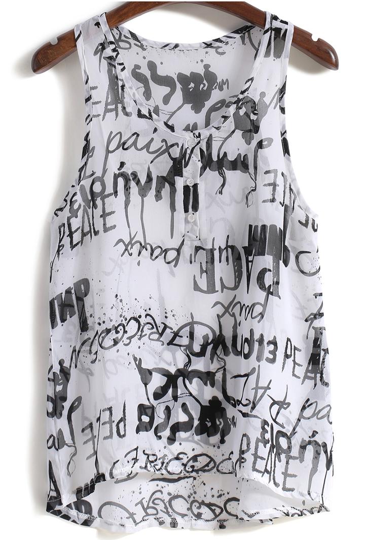 Romwe Buttons Letters Print Chiffon White Vest