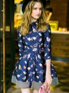 Romwe Navy Lapel Length Sleeve Birds Print Drawstring Dress