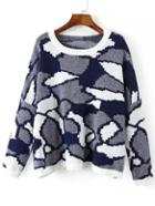 Romwe Geometric Jacquard Blue Sweater
