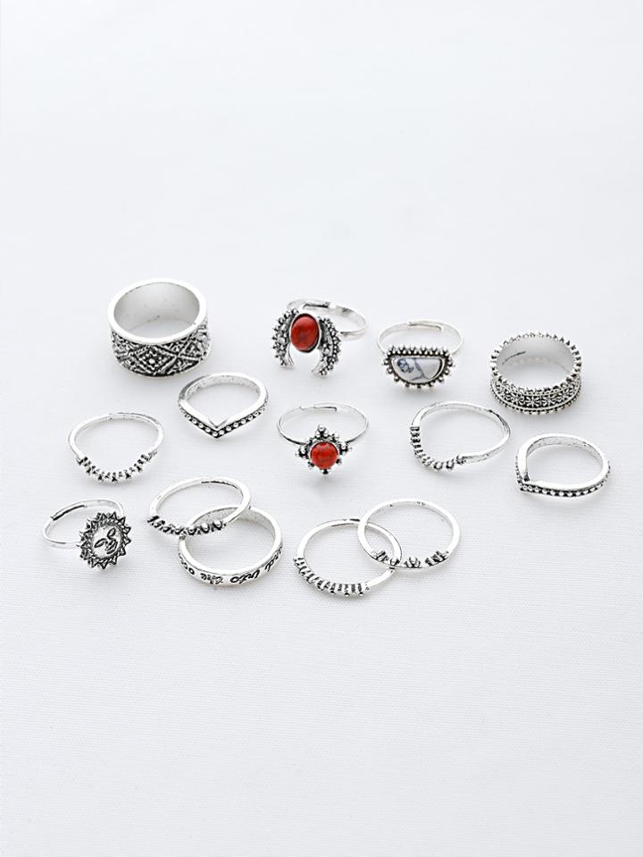 Romwe Red And White Turquoise Stone Vintage Rings Set