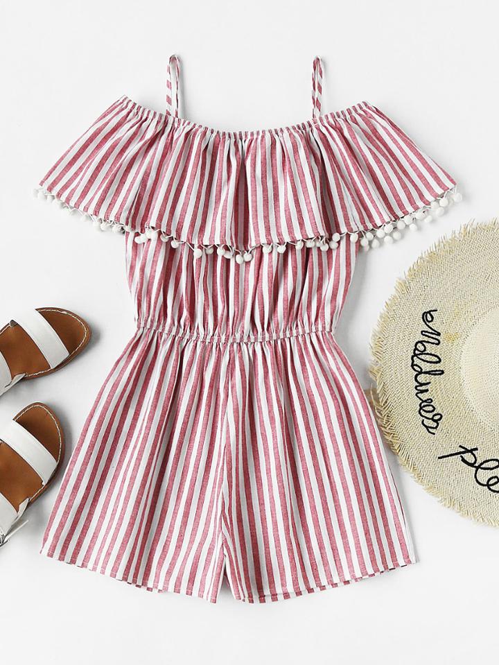 Romwe Pom Pom Trim Frill Cold Shoulder Striped Playsuit