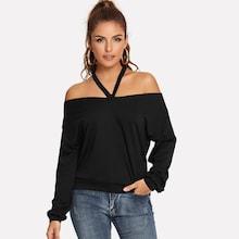 Romwe Solid Off Shoulder Halter Sweatshirt
