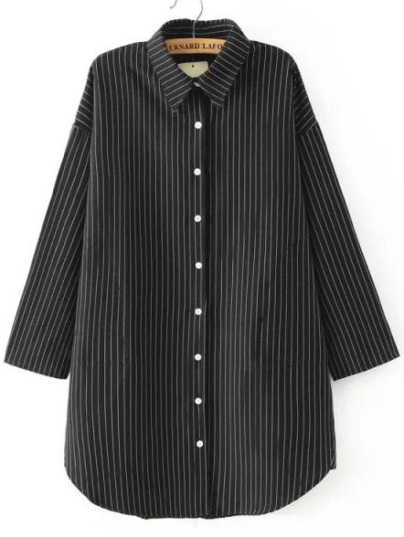 Romwe Lapel Vertical Striped Boyfrined Black Blouse