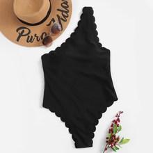 Romwe Scalloped Trim One Shoulder One Piece Swimwear