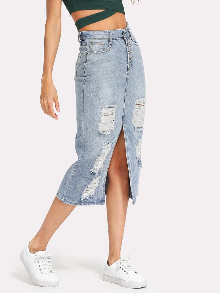 Romwe Split Front Ripped Denim Skirt