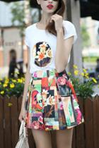 Romwe Short Sleeve Patch Top With Florals Skirt