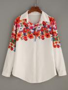 Romwe White Buttoned Front Flower Print Blouse