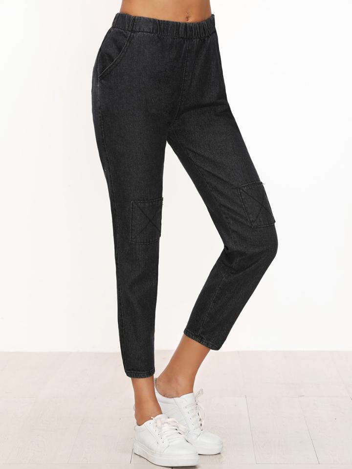 Romwe Black Elastic Waist Patch Jeans