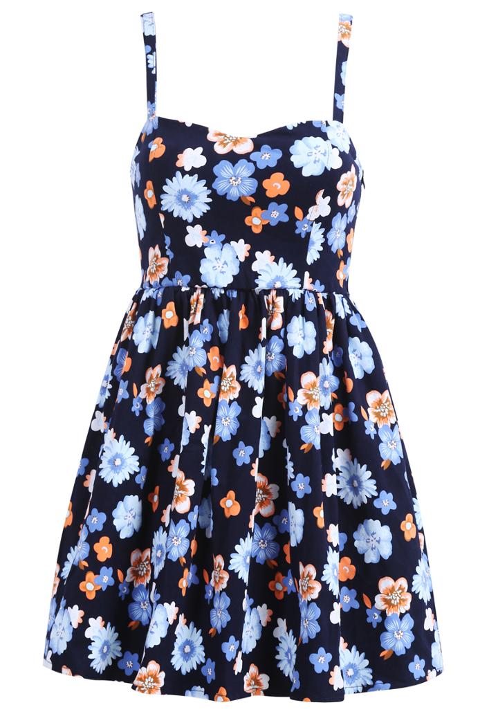 Romwe Spaghetti Strap Florals Pleated Blue Dress