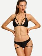 Romwe Halter Neck Strappy Bikini Set - Black