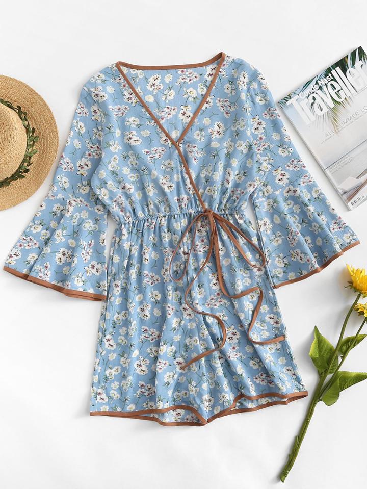 Romwe Floral Print Contrast Trim Wrap Romper