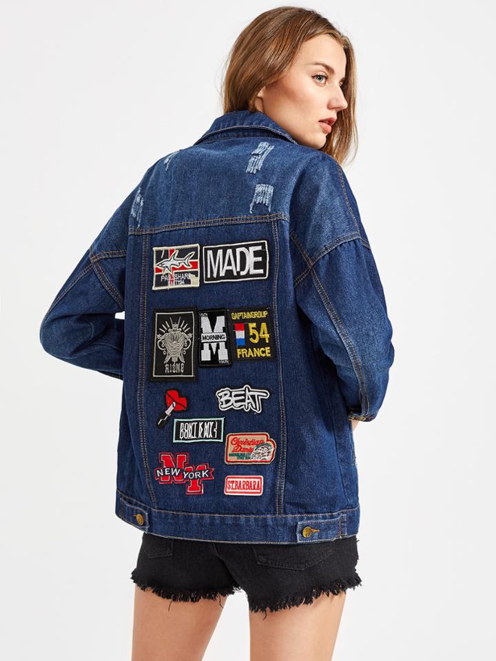 Romwe Badge Detail Back Contrast Check Trim Denim Jacket