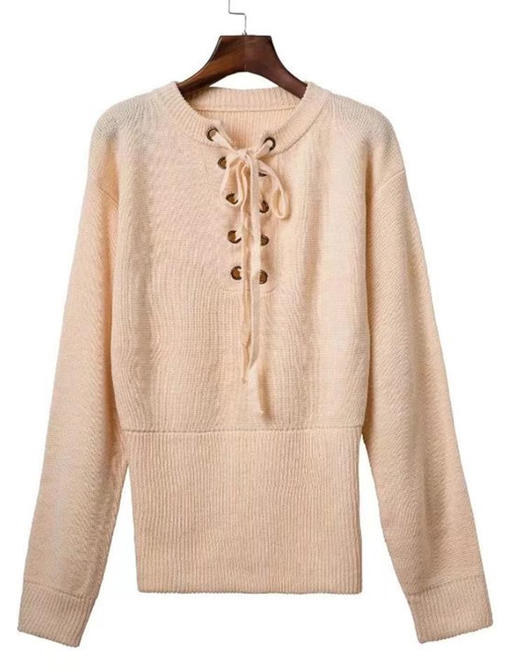 Romwe Lace Up Neck Ribbed Waist Sweater