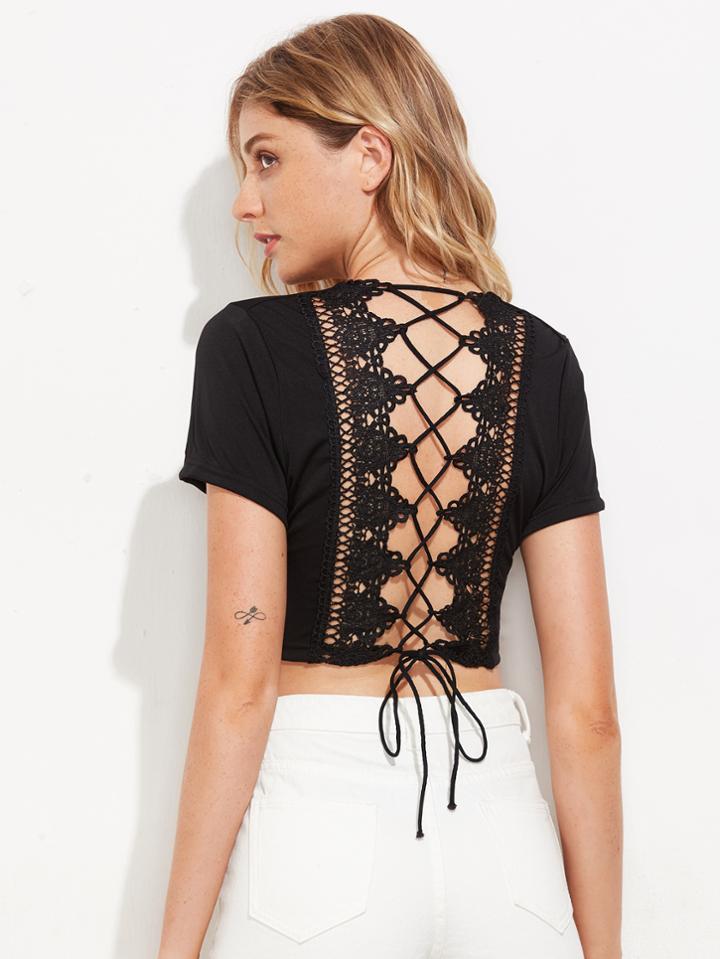 Romwe Plunge Crochet Lace Trim Lace Up Back Crop Tee