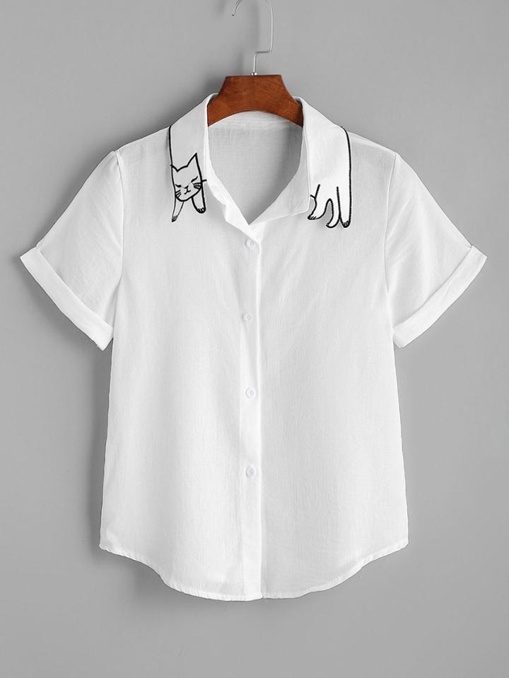 Romwe White Cat Shape Collar Cuffed Curved Hem Shirt