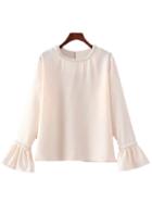 Romwe Apricot Studded Round Neck Bell Sleeve Blouse