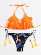 Romwe Layered Flounce Tassel Tie Bikini Set