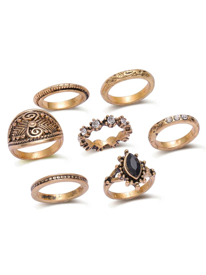 Romwe Bronze Rhinestone Design Vintage Ring Set