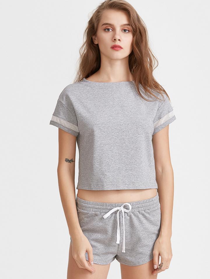 Romwe Heather Grey Mesh Insert T-shirt With Drawstring Shorts