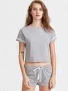 Romwe Heather Grey Mesh Insert T-shirt With Drawstring Shorts