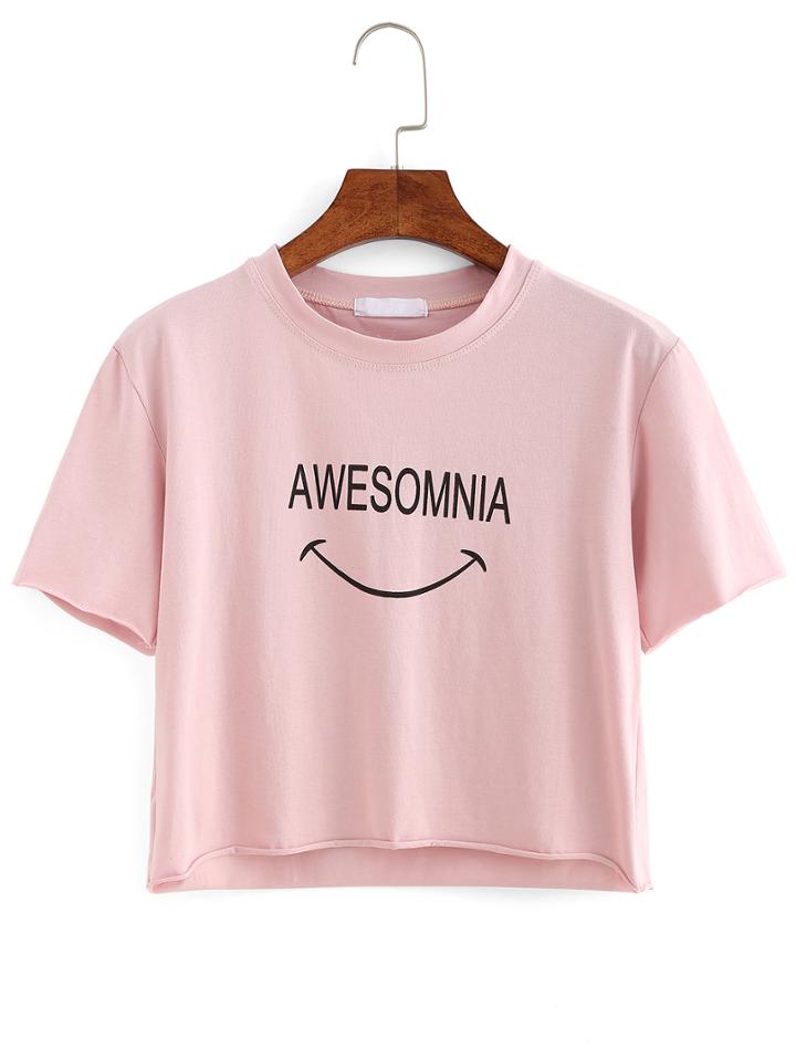 Romwe Letter Print Raw Hem T-shirt