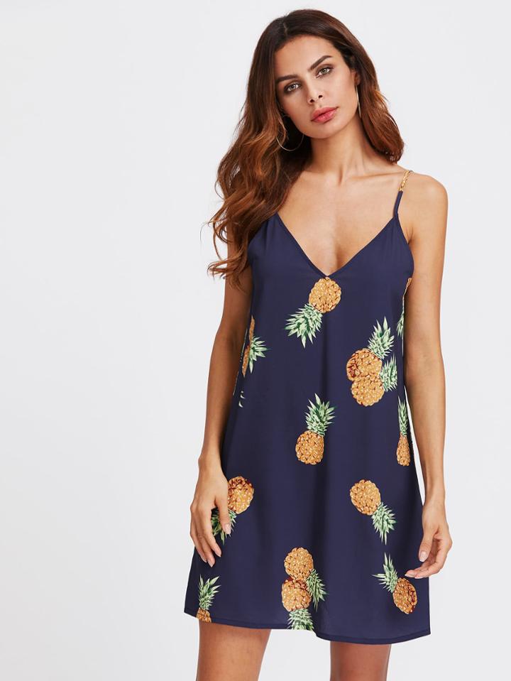Romwe Double V Neck Pineapple Print Cami Dress