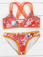 Romwe Mixed Print Strappy Back Bikini Set