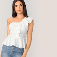 Romwe One Shoulder Ruffle Trim Peplum Blouse