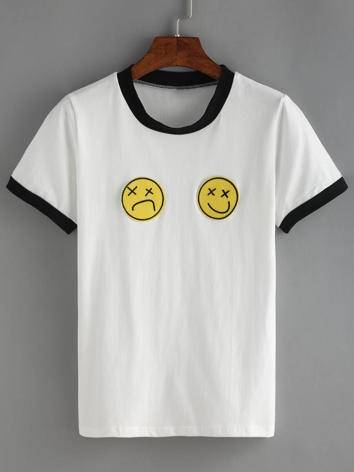 Romwe Contrast Expression Patch T-shirt