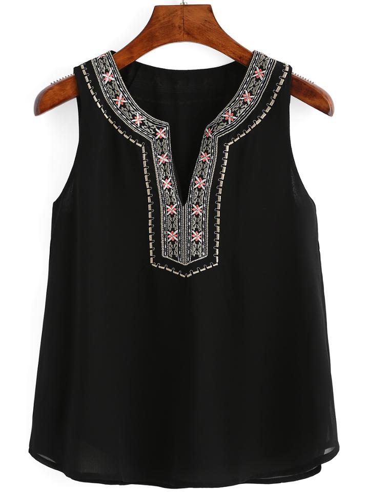Romwe V Neck Embroidered Chiffon Tank Top