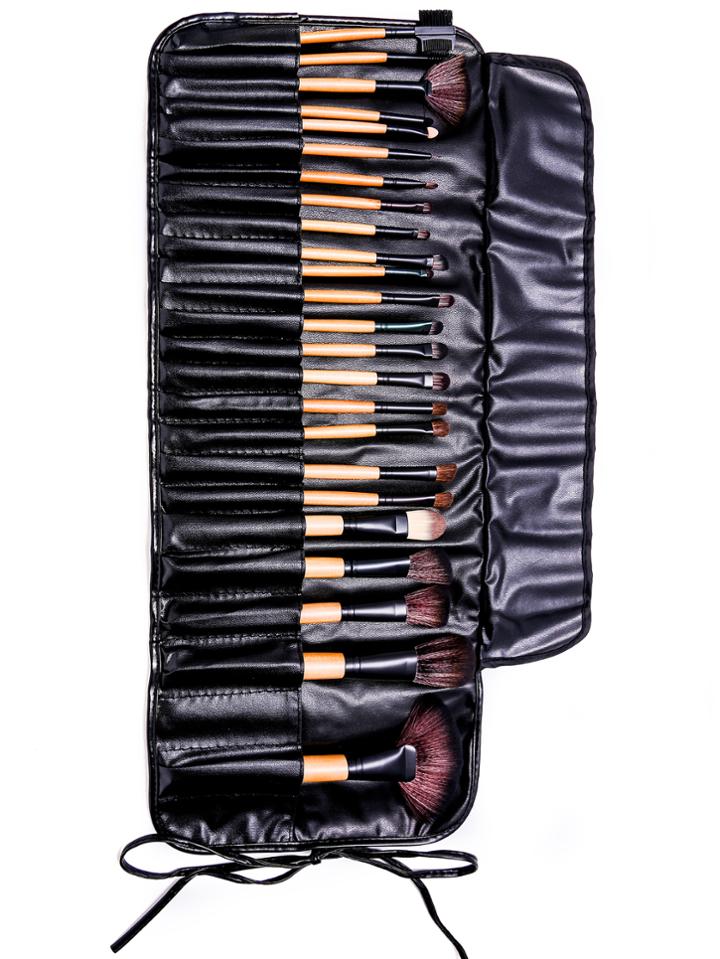 Romwe 24pcs Natural Brown Professional Makeup Brush Set With Black Bag