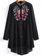 Romwe Embroidered Button Up Dip Hem Blouse