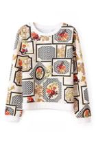 Romwe Retro Floral And Check Print Sweatshirt